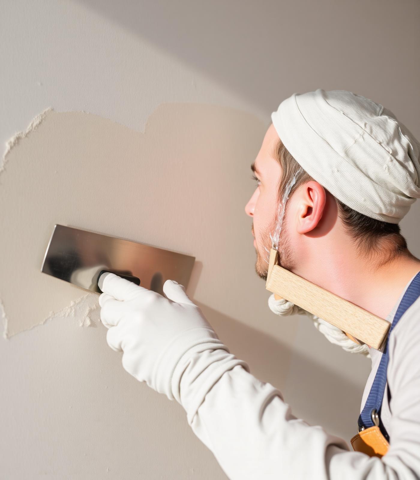 Plâtrier appliquant un enduit lisse sur un mur résidentiel