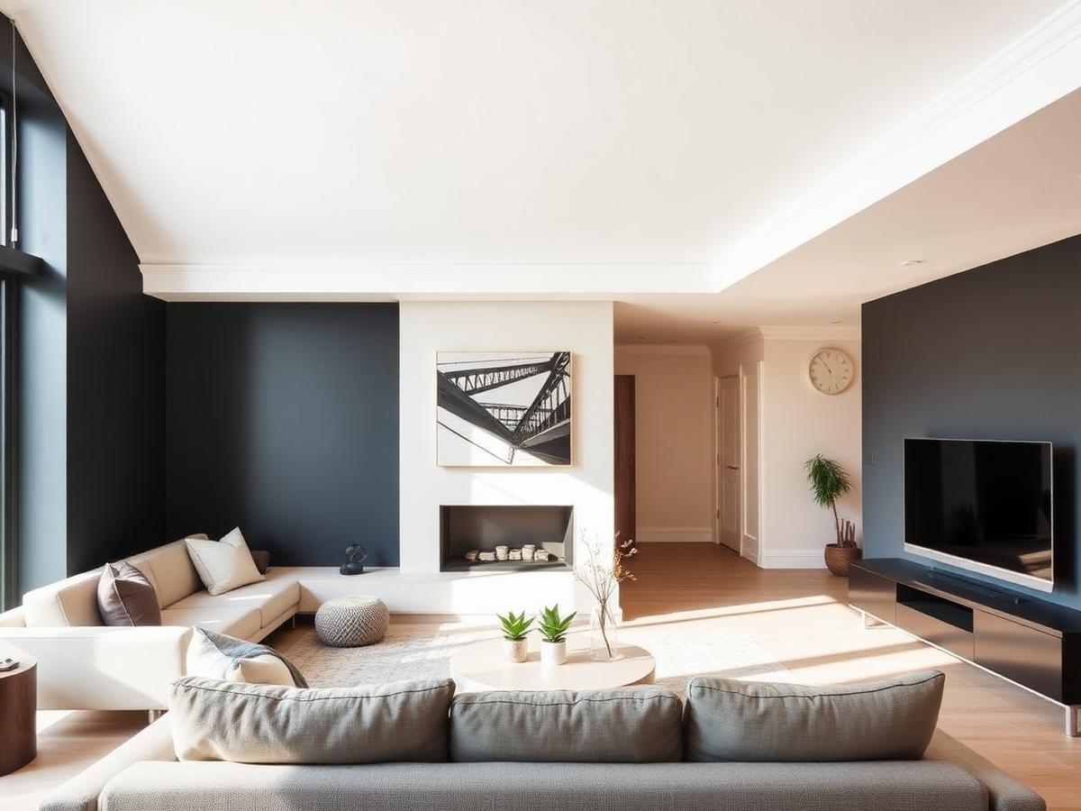 Salon moderne avec mur d’accent anthracite fraîchement peint